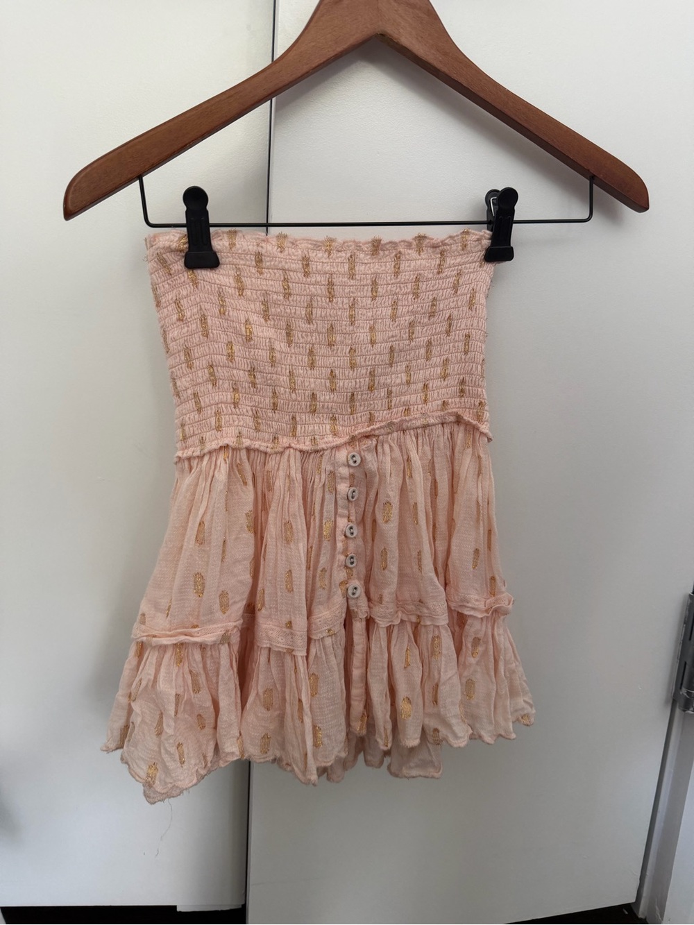 Smocked Pink Mini Skirt with Metallic Gold Dots